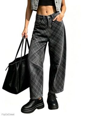 High Rise Checkered Barrel Jeans Wide Leg Ankle Denim Pants